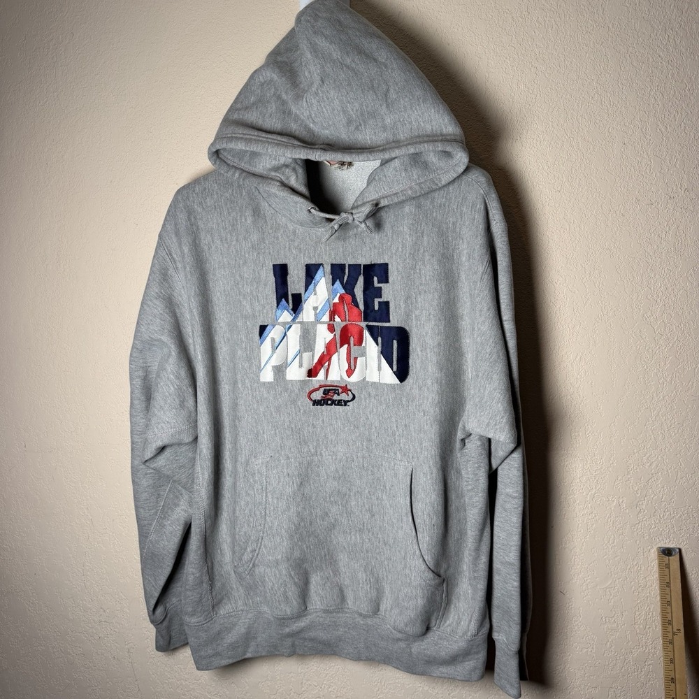 Vintage MV Sport Lake Placid 1980 USA Hockey Olympic Hoodie Grey Large